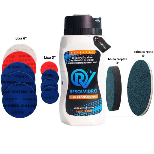 Kit Polidor de Vidros Creme 250g + Lixas P/ Vidros 3" e 6" Resolvidro
